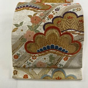 袋帯 秀品 笠松 草花 金糸 唐織 灰白 六通 正絹 【中古】