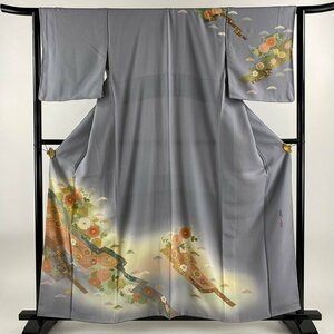 訪問着 身丈160cm 裄丈63cm S 袷 松井青々 落款 菊 桜 金銀彩 染分け 薄紫 正絹 逸品 【中古】