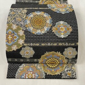 袋帯 美品 逸品 華文 草花 刺繍 金糸 黒灰 六通 正絹 【中古】