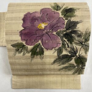 名古屋帯 美品 秀品 紬地 夏帯 草花 薄茶色 正絹 【中古】