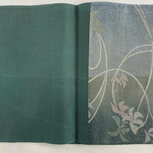 袋帯 美品 秀品 夏帯 草花 変わり市松 箔 灰緑 六通 正絹 【中古】の画像4