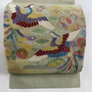 名古屋帯 優品 八寸名古屋帯 松葉仕立て 尾長鳥 松竹梅 金銀糸 灰緑 正絹 【中古】