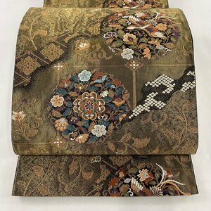 袋帯 美品 秀品 宝寿錦 華文 尾長鳥 金糸 箔 金色 六通 正絹 【中古】