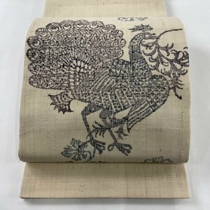 袋帯 美品 名品 紬地 やまと 孔雀 草花 灰白 お太鼓柄 正絹 【中古】