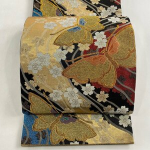 袋帯 美品 秀品 振袖向き 彩苑 蝶 桜 金糸 箔 黒 六通 正絹 【中古】