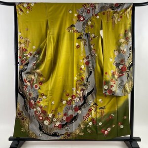 振袖 身丈159cm 裄丈65cm M 袷 鶴 草花 金銀彩 染分け 黄土色 正絹 名品 【中古】