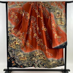 振袖 身丈154.5cm 裄丈63cm S 袷 笠松 枝桜 金糸 金銀彩 赤茶 正絹 名品 【中古】