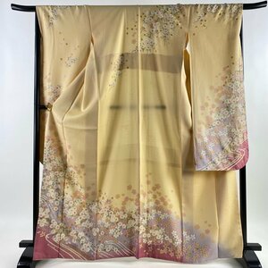 振袖 身丈167cm 裄丈67cm M 袷 桜 流水 箔 金彩 薄オレンジ 正絹 逸品 【中古】