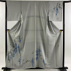 訪問着 身丈160cm 裄丈64.5cm M 袷 蒋雪英 落款 文字文 実 相良刺繍 灰色 正絹 逸品 【中古】