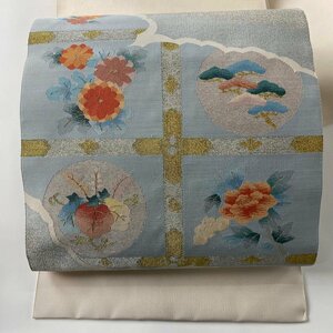 名古屋帯 名品 八寸名古屋帯 松葉仕立て 雲文 格天井 金銀糸 薄ピンク 正絹 【中古】