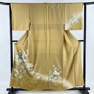 訪問着 身丈156.5cm 裄丈64cm M 袷 菊 枝梅 金銀彩 ぼかし 薄茶色 正絹 秀品 【中古】