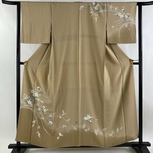 訪問着 身丈157cm 裄丈62.5cm S 袷 枝花 ぼかし 薄茶色 正絹 美品 秀品 【中古】