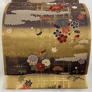 袋帯 美品 秀品 花丸文 松竹梅 唐織 箔 金色 六通 正絹 【中古】