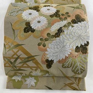 袋帯 美品 名品 菊 楓 箔 薄茶色 六通 正絹 【中古】