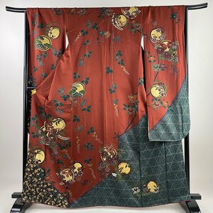 振袖 身丈165cm 裄丈67.5cm L 袷 花丸文 菊 金彩 染分け 赤茶 正絹 秀品 【中古】