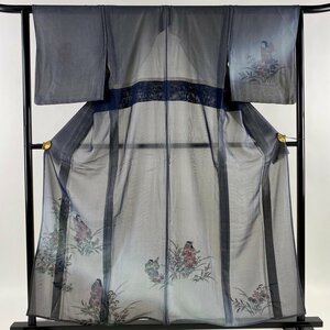 付下げ 身丈157cm 裄丈63.5cm S 紗絽袷 童 草花 金彩 濃紺 正絹 美品 名品 【中古】