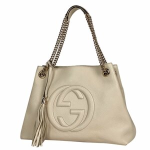 グッチ GUCCI ソーホー チェーン ショルダーバッグトートバッグ フリンジ インターロッキングG レザー ホワイト 536196 レディース 中古