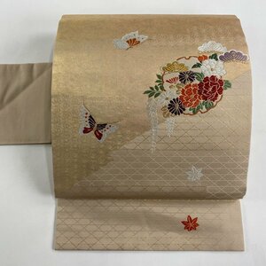 名古屋帯 優品 雪 蝶 唐織 金糸 ベージュ 正絹 【中古】