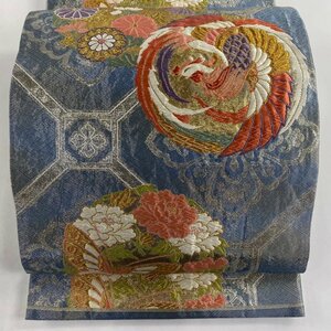 袋帯 美品 秀品 落款 振袖向き 鳥 草花 唐織 箔 青灰色 六通 正絹 【中古】