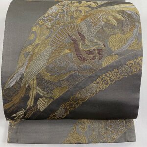 袋帯 秀品 鳥 華文 箔 金糸 灰色 六通 正絹 【中古】