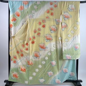 振袖 身丈160cm 裄丈69cm L 袷 落款 草花 地紋 金彩 染め分け 黄色 正絹 名品 【中古】