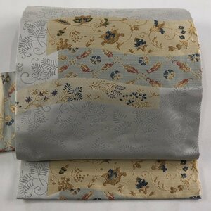 名古屋帯 秀品 花唐草 草花 金糸 灰色 正絹 【中古】