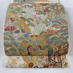 袋帯 美品 秀品 御所車 花鳥 金糸 箔 クリーム 六通 正絹 【中古】