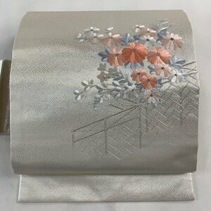 名古屋帯 美品 優品 菊 桔梗 刺繍 銀糸 白 正絹 【中古】