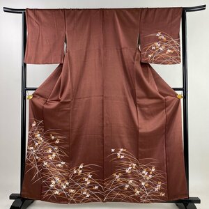 付下げ 身丈161.5cm 裄丈64.5cm M 袷 花 葉柄 小豆色 正絹 優品 【中古】