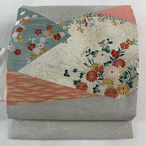 名古屋帯 美品 優品 菊 桜 刺繍 金銀糸 クリーム 正絹 【中古】