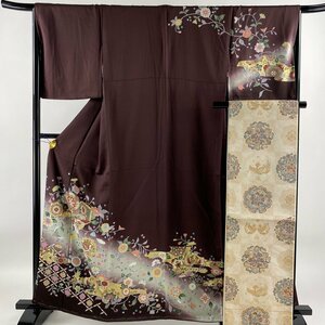 訪問着 身丈159.5cm 裄丈67cm M 袷 袋帯セット 草花 鳥 金彩 ぼかし 茶紫 正絹 秀品 【中古】