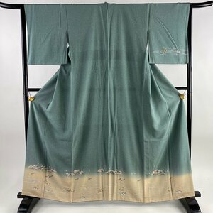 訪問着 身丈162cm 裄丈65.5cm M 袷 松 船 金彩 ぼかし 薄緑 正絹 秀品 【中古】