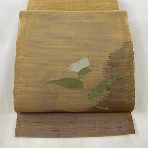 名古屋帯 美品 優品 夏帯 八寸名古屋帯 トンネル仕立て 草花 箔 薄茶色 正絹 【中古】