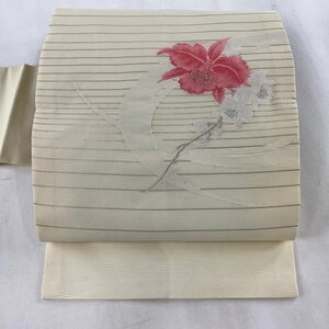 名古屋帯 美品 優品 夏帯 絽 草花 縞 箔 銀糸 クリーム 正絹 【中古】