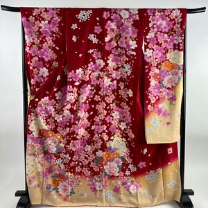 振袖 身丈168.5cm 裄丈68.5cm L 袷 落款 牡丹 桜 刺繍 金彩 赤 正絹 美品 名品 【中古】