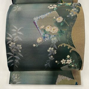 袋帯 美品 秀品 色紙 草花 金糸 箔 灰緑 六通 正絹 【中古】