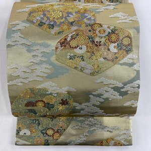 袋帯 美品 秀品 松 雲取文箱文 金糸 箔 薄緑 六通 正絹 【中古】