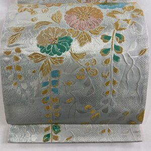 袋帯 秀品 草花 金糸 螺鈿 銀色 お太鼓柄 正絹 【中古】