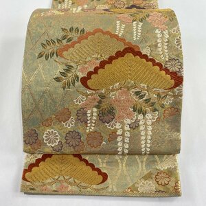 袋帯 秀品 笠松 草花 金糸 箔 金色 六通 正絹 【中古】