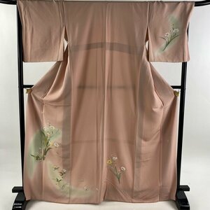 付下げ 身丈167cm 裄丈67cm M 袷 落款 草花 ぼかし ピンクベージュ 正絹 美品 秀品 【中古】