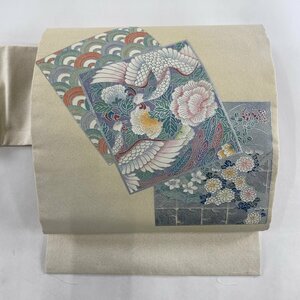 名古屋帯 優品 色紙 花鳥 銀彩 銀糸 灰白 正絹 【中古】