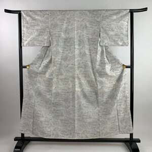 紬 身丈156.5cm 裄丈62cm S 袷 風景 樹木 灰白 正絹 美品 優品 【中古】