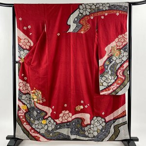 振袖 身丈159cm 裄丈64cm M 袷 御所車 草花 金糸 絞り 赤 正絹 美品 名品 【中古】