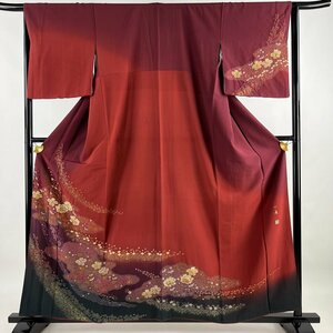 訪問着 身丈159.5cm 裄丈65.5cm M 袷 吉乃一廉 落款 辻が花 金彩 染分け 赤紫 正絹 美品 逸品 【中古】