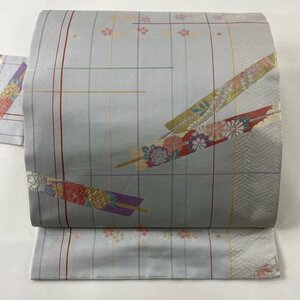 名古屋帯 優品 扇 草花 箔 金銀糸 青灰色 正絹 【中古】