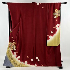 振袖 身丈169.5cm 裄丈69.5cm L 袷 桜 雪輪 金彩 ぼかし 赤 正絹 美品 名品 【中古】