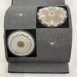 袋帯 美品 名品 鳥 花 金糸 灰色 お太鼓柄 正絹 【中古】