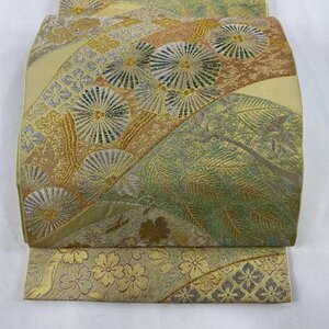 袋帯 美品 逸品 落款 川島織物 若松 桜 金銀糸 箔 薄緑 六通 正絹 【中古】