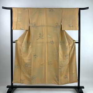 小紋 身丈152cm 裄丈66cm M 袷 樹木 雲文 ぼかし 薄オレンジ 正絹 優品 【中古】