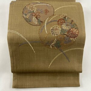 袋帯 美品 秀品 夏帯 草花 芝 刺し子刺繍 山吹茶色 お太鼓柄 正絹 【中古】